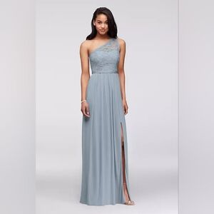 Dusty blue lace bridesmaid dress with long mesh skirt by davids bridal
